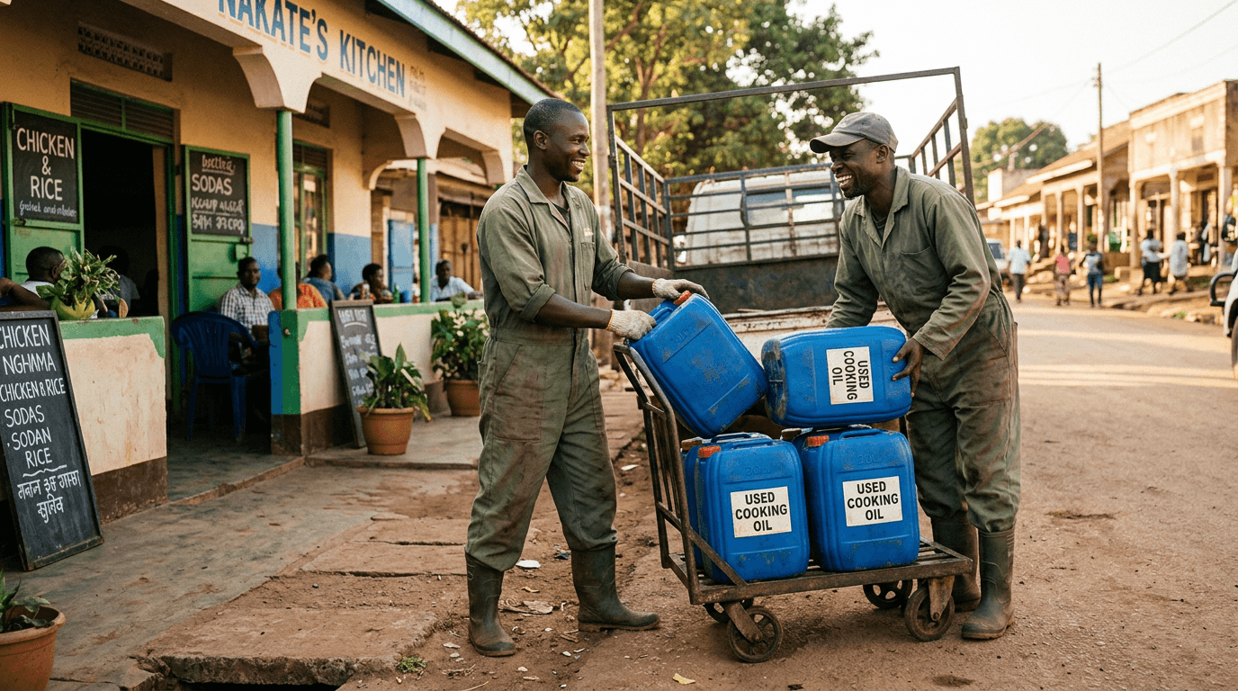 Collectors loading blue used cooking oil containers onto a trolley