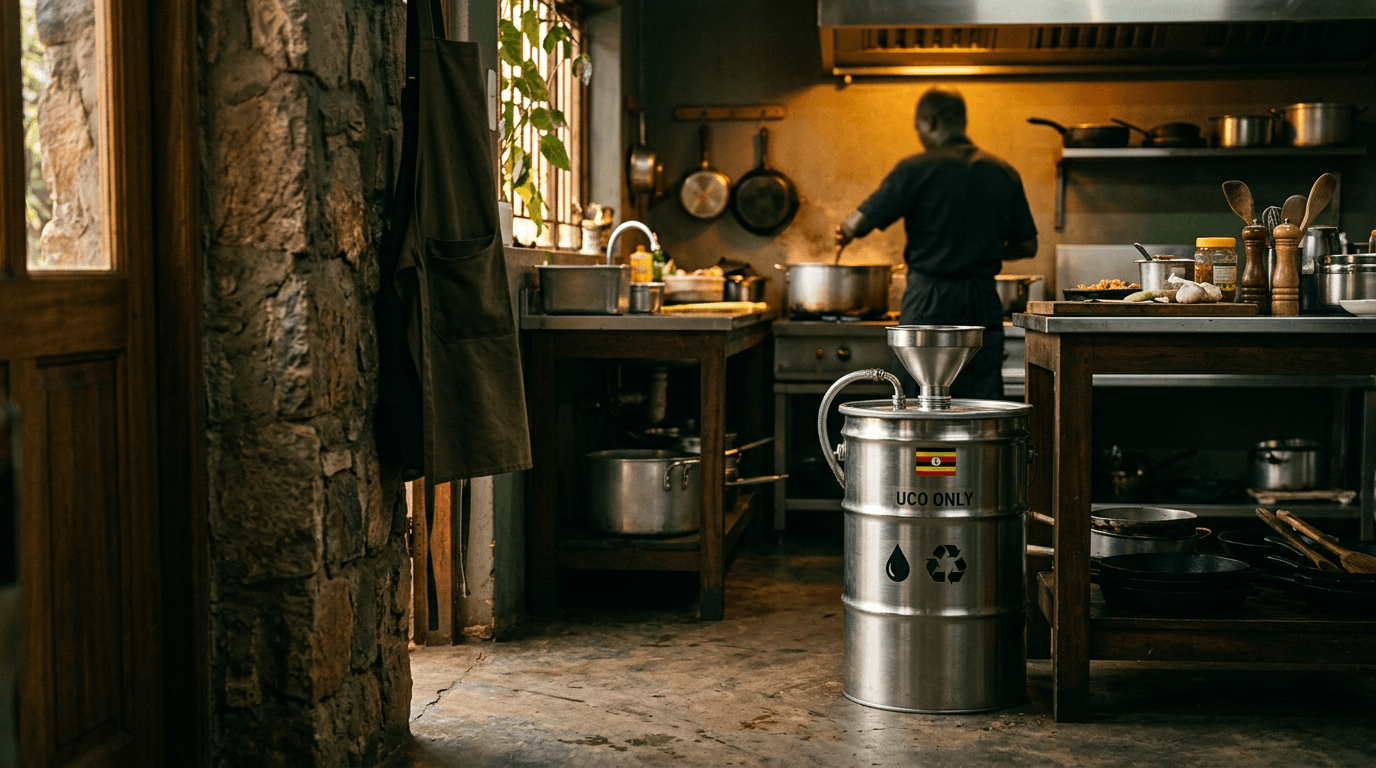 Stainless steel used cooking oil drum with a funnel in a working Ugandan kitchen