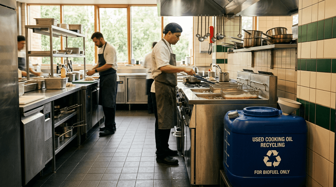 Commercial kitchen with a labelled used cooking oil recycling container next to the fryer