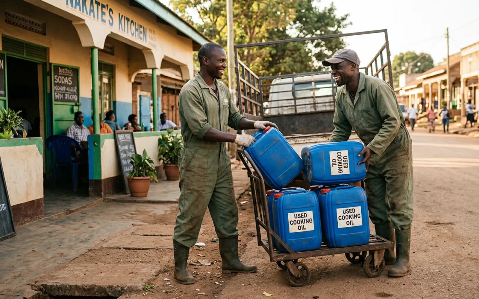 Two smiling collectors loading blue used cooking oil containers onto a trolley outside a Ugandan eatery