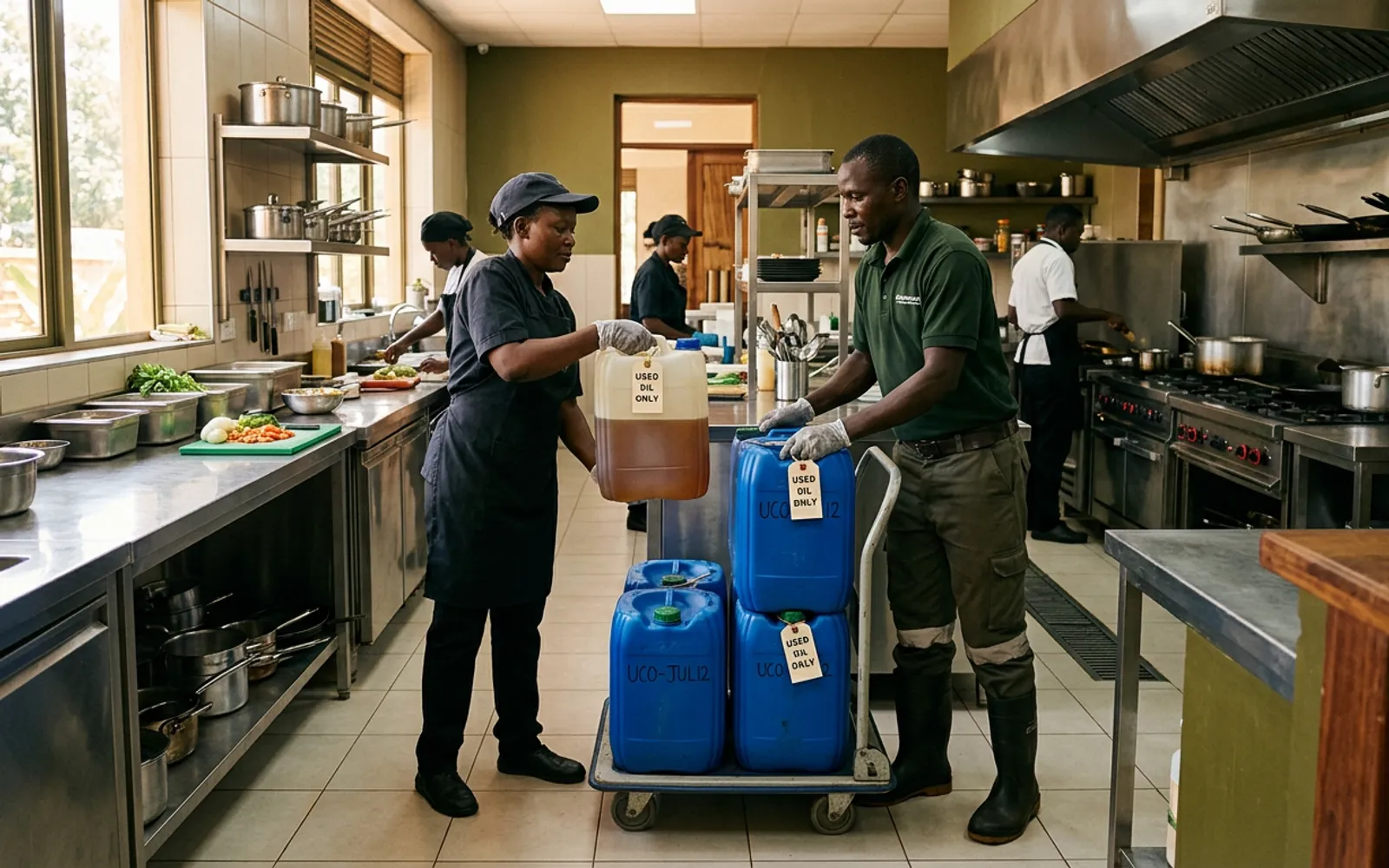 Kitchen staff and a collector with tagged blue used cooking oil containers on a trolley