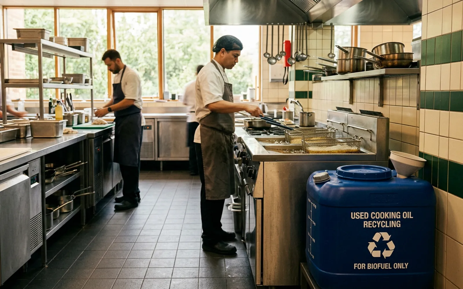 Commercial kitchen team at work with a blue used cooking oil recycling container beside the fryer