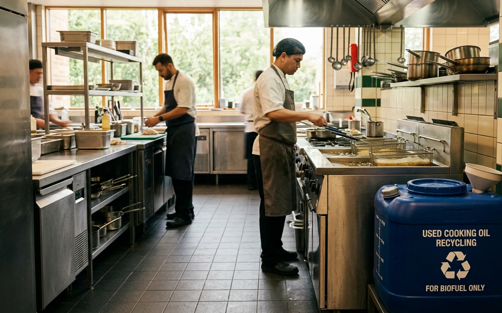 Busy commercial kitchen with staff preparing food at stainless steel work stations